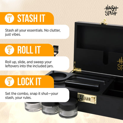 HASHSTASH The OG Storage Box - Large Bamboo Box with Combination Lock, Magnetic Lid, Organizer Tray, Airtight Tube and 3 Jars - Discreet Decorative Locking Wooden Box with Accessories (Black/Gold)