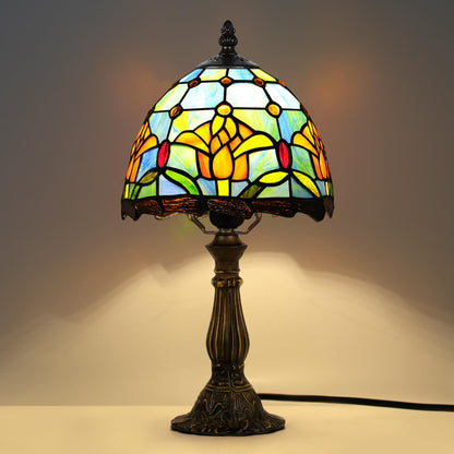 MOAN Small Lamp Stained Glass Table Lamp 8X14.5 Inch Bedside Reading Light Antique Light Desk Lamp(Rose Style)