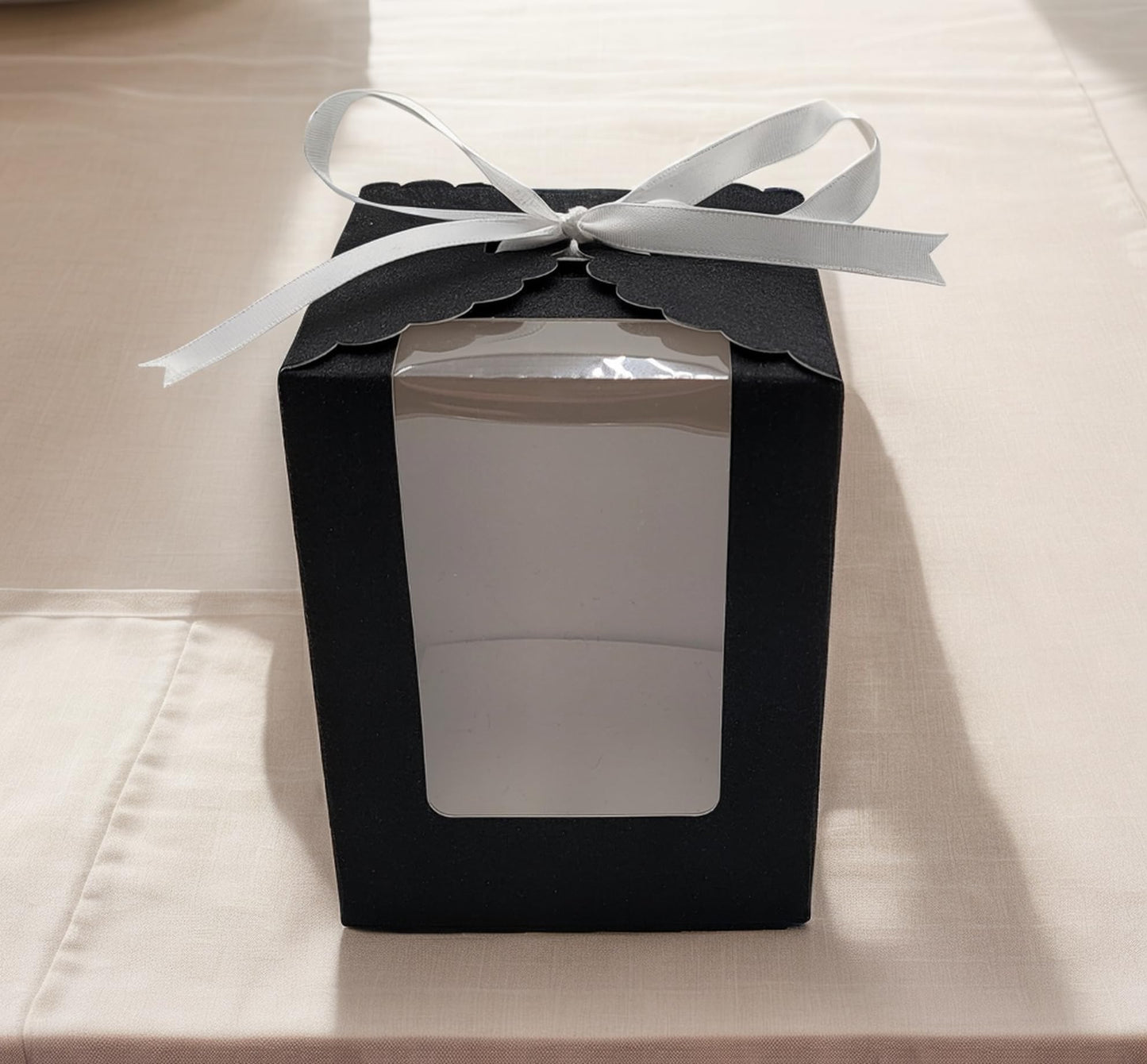 Black Sparkling Favor Boxes-40 Ct Large 4"x4"x5" Clear Window. Includes 2 Ribbons (40 White 40 Black) Stemless Wine Glass Gift Box. Bottom Insert for Durability. Ideal for Weddings, Events, Halloween