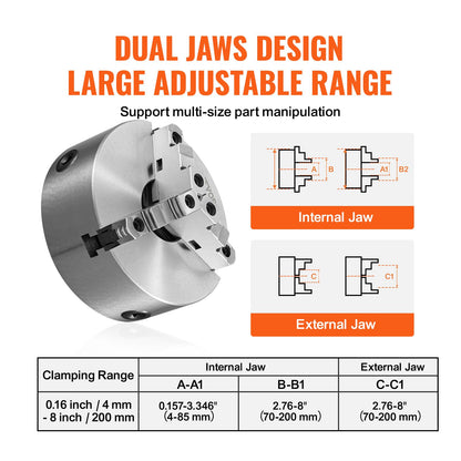 VEVOR 3-Jaw Lathe Chuck, 8'', Self-Centering Lathe Chuck, 0.16-8 in/4-200 mm Clamping Range with T-key Fixing Screws Hexagon Wrench, for Lathe 3D Printer Machining Center Milling Drilling Machine
