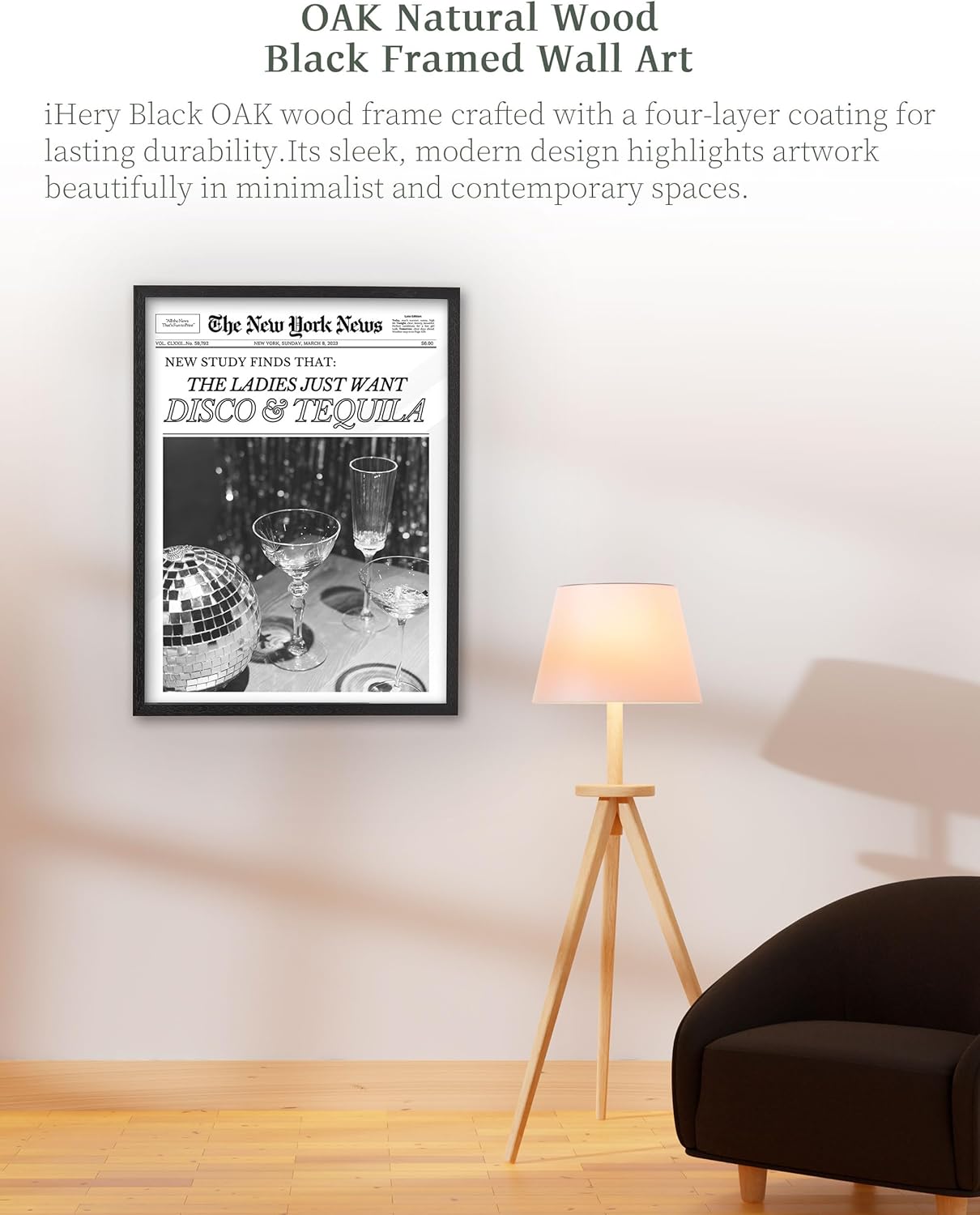 12x16in Set 1 iHery Natural Black OAK Wood Disco Tequila Newspaper Framed Wall Art, Trendy Modern Cocktail Bar Cart