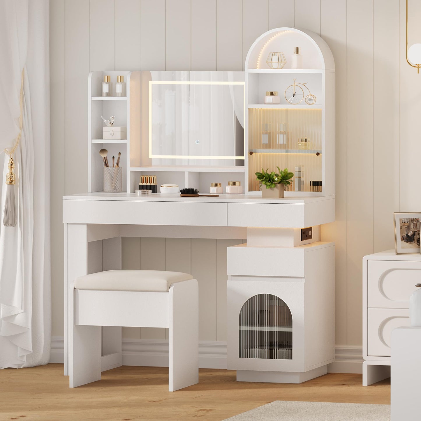 Vanity Desk Set with Mirror, Power Outlet and Lights, Makeup Table with 3 Drawers and 11 Storage Shelves, Dressing Table Stool Set with 3 Color Modes Available for Bedroom Dressing Room
