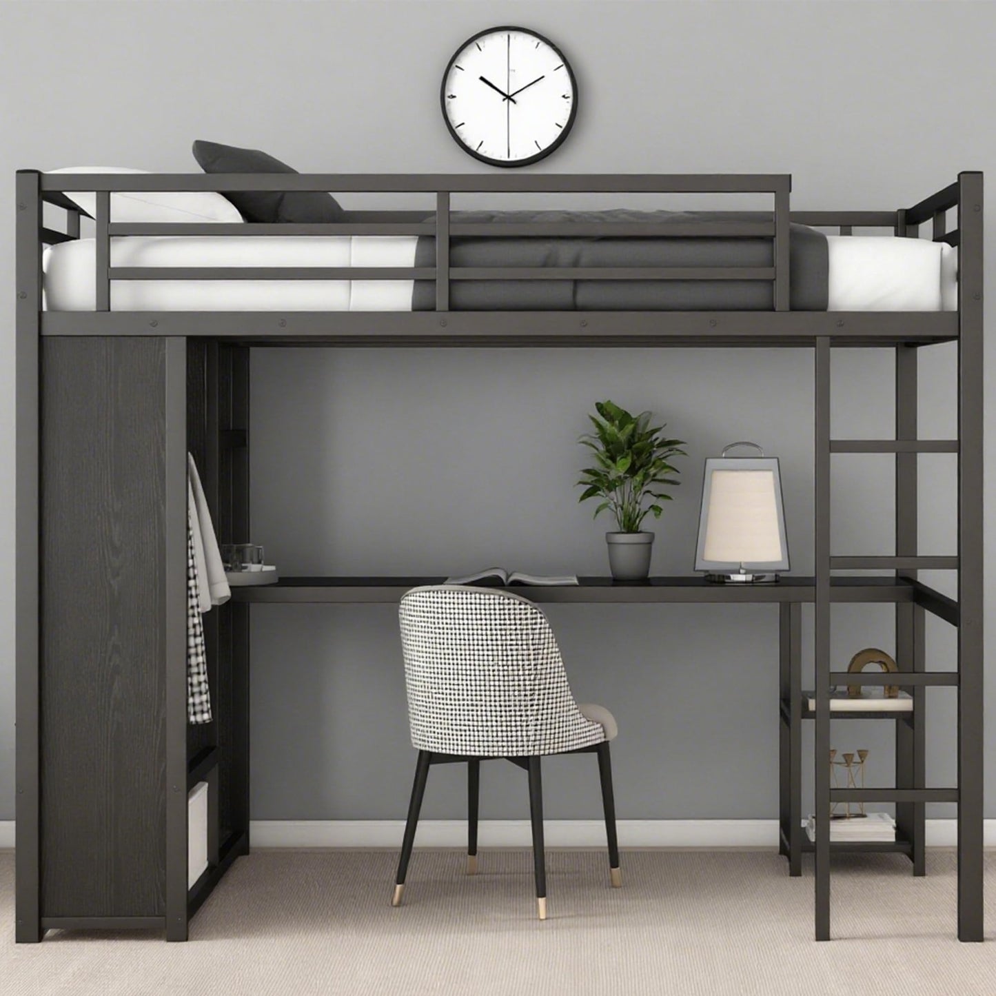 Bellemave Metal Twin XL Size Loft Bed with Desk and Wardrobe,Heavy Duty Loft Bed Frame with Storage Shelves for Kids,Teens,Adults, Space Saving,Black