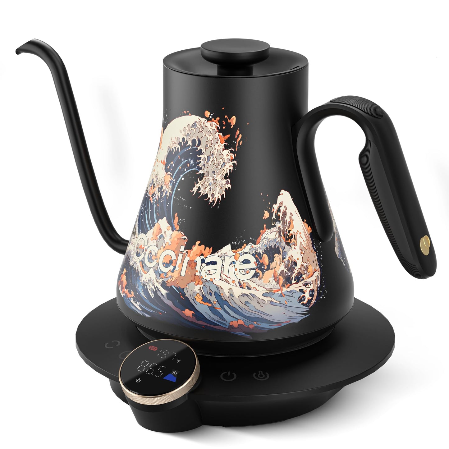 Cocinare Gooseneck Electric Kettle, ±0.5°F Precise Temperature Control, 1500W Fast Heating, Pour-Over Coffee & Tea, Stainless Steel, 0.9L (Artisan Wave Design)