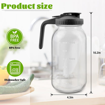 64 Oz Glass Pitcher with Lid, 2 Quart Heavy Duty Cold Brew Pitcher, Leak-Proof, Wide Mouth Mason Jar with Pouring Airtight Lid,Ideal for Fridge Storage