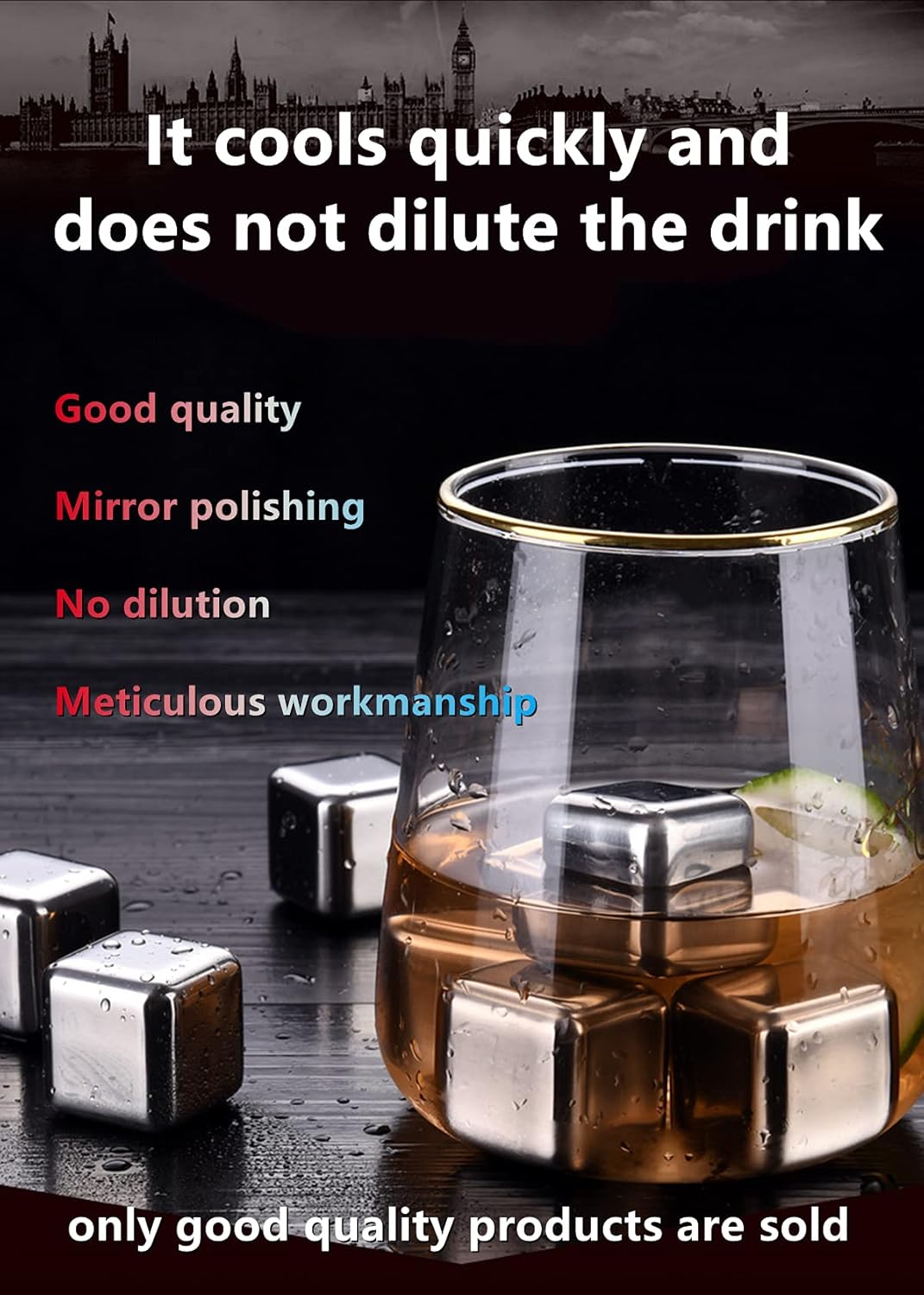 Stainless Steel Ice Cubes, Frozen Metal for Bar, Cold Beer & Whiskey, 8 Pieces