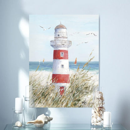 Beach Decor Lighthouse Wall Art - 12" x 16" Framed Seagull Canvas Prints for Home Living Room Office