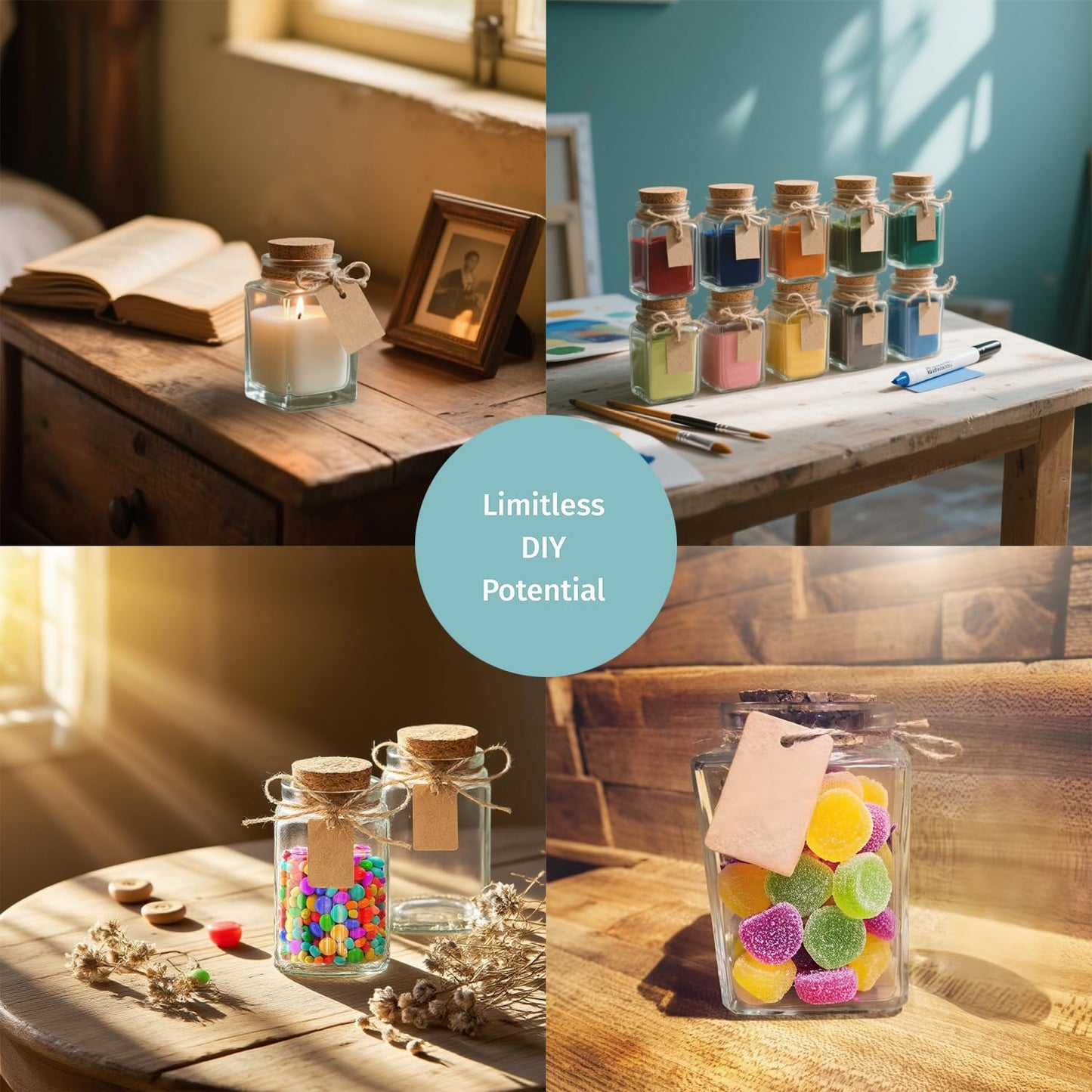 12 Pack Empty Candle Jars, 100ml Mini Square Glass Bottles with Stoppers, Mini Jars w/Cork Lids for Crafting Candles, Wedding Favours & Potions