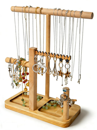 NUEKOELY Solid Wood Jewelry Tower Organizer - 3-Tier Tree Holder Stand with 11 Earring Holes, 2 T-bar for bracelets Necklace or watches, Ring Tree & Display Tray (natural wood)