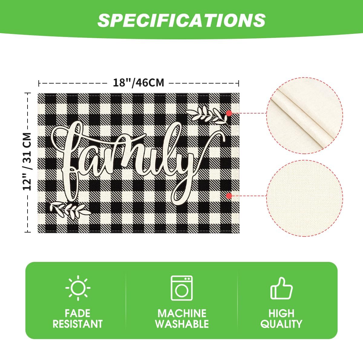 Artoid Mode Love Family Together Home Buffalo Plaid Placemats for Dining Table, 12 x 18 Inch Set of 4 Holiday Vintage