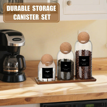 Suclain 3 Pcs Glass Coffee Storage Jar with Ball Cork Lid Wooden Spoon Shelf Labels Airtight Round Bottle Jar Food Storage Canister Set for Sugar Spice Coffee Bean Holder Candy Gift(17, 27, 41 oz)