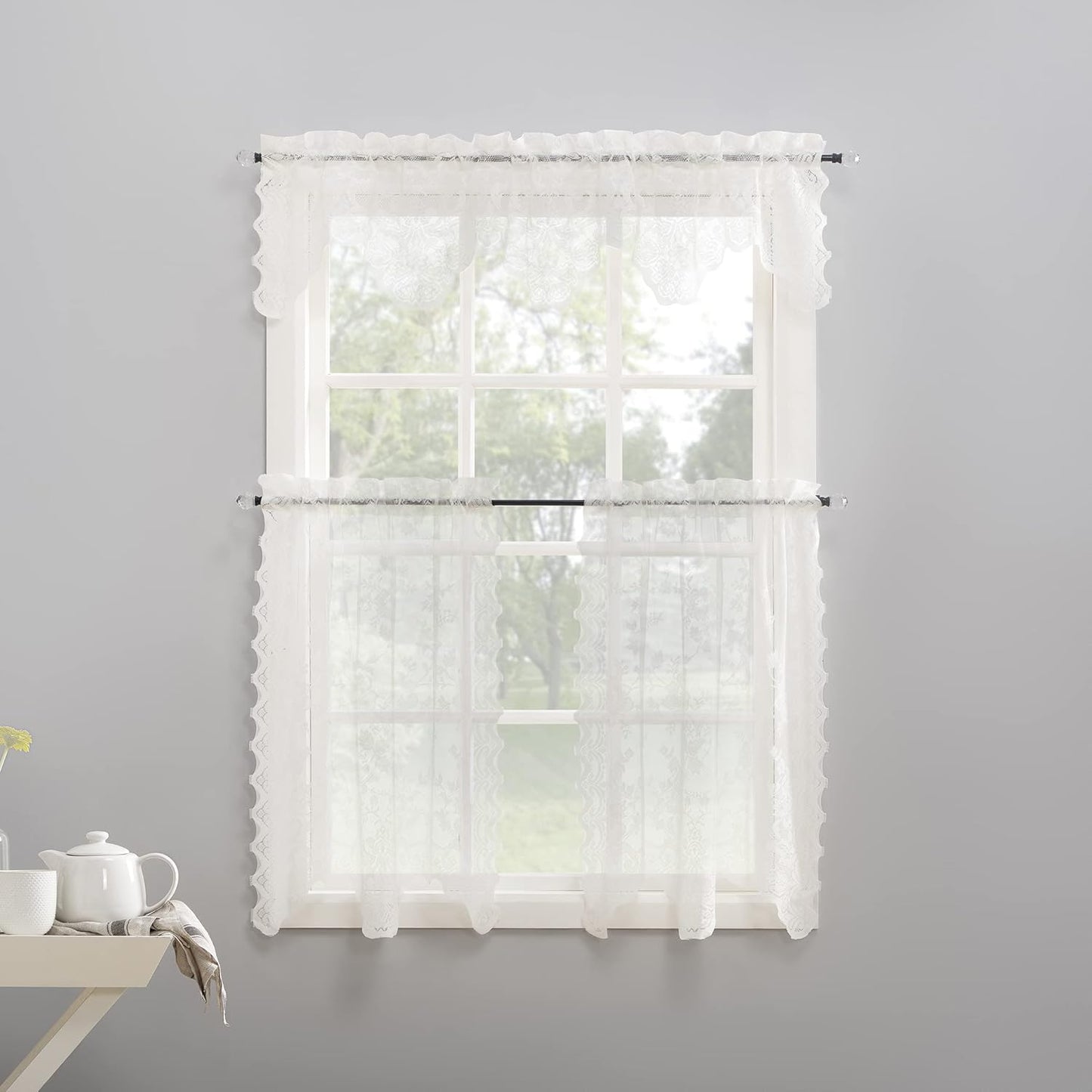No. 918 Alison Floral Lace Sheer Rod Pocket Kitchen Curtain Tier Pair, 58" x 36", Ivory Color