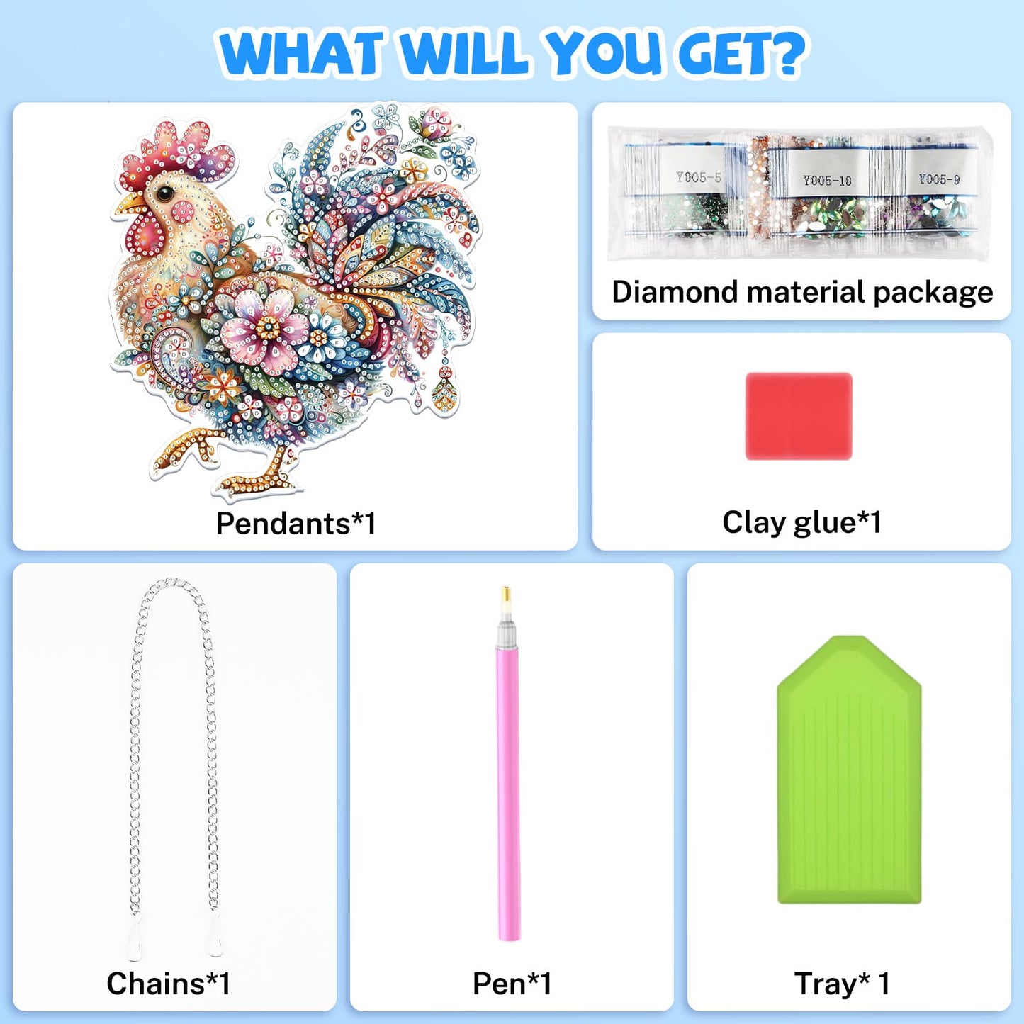 Bowetile Hanging Diamond Art Chicken Kits for Adults, 5D Special Shape Diamond Painting Rooster Pendant Kits, Animal Gem Art Suncatchers Painting Ornament for Home Garden Wall Window Decor