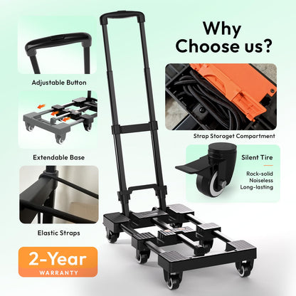 Voipvvii Folding Hand Truck 500lbs, Portable Heavy Duty Dolly Cart, 6 Wheels Collapsible Luggage Cart with 2 Elastic Ropes - Compact Trolley Cart for Easy Moving - Ideal Hand Cart for Travel and More