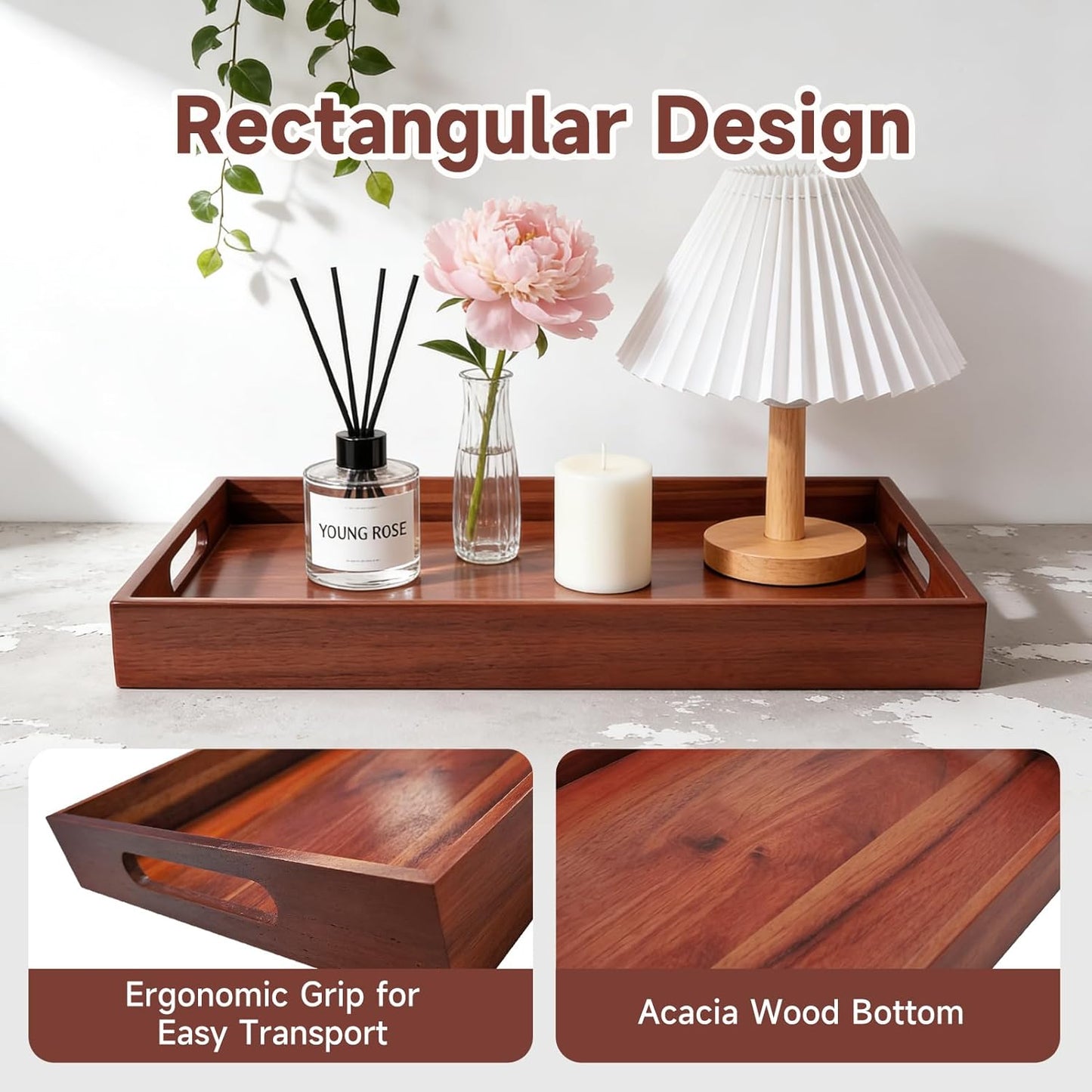 17 12 Inch Acacia Wood Serving Tray with Handles, x Large Wooden Tray for Food & Drinks, Coffee Table, Ottoman