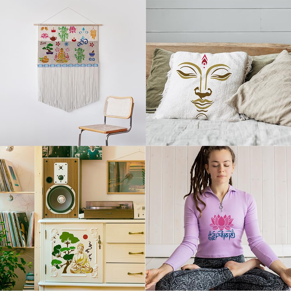 FINGERINSPIRE 9 Pcs Religious Pattern Stencils with a Brush 11.8x11.8Inch Buddha Painting Stencils Yoga Pattern Template PET Mandala Lotus Flower Template for Wood Wall Floor Tiles Furniture