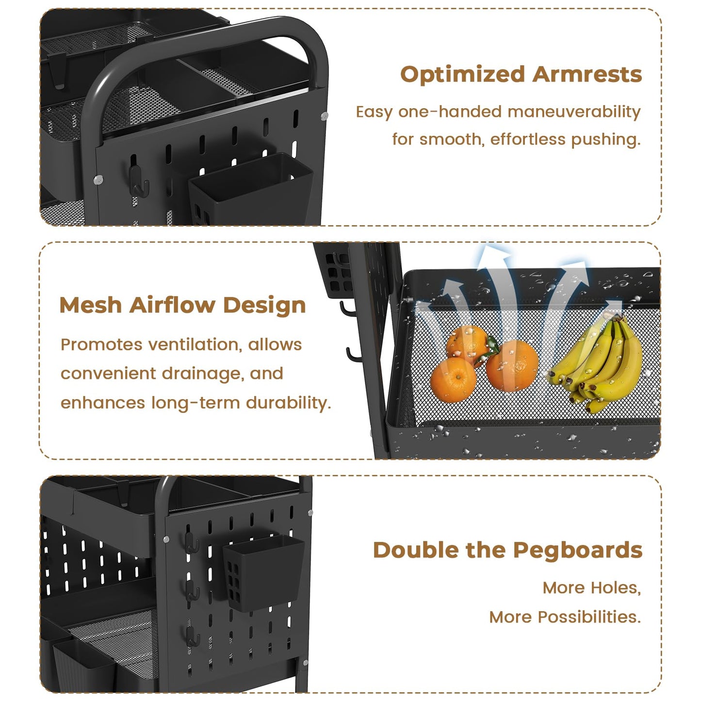 danpinera Craft Cart, Black Rolling Cart with Retractable Dividers & DIY Pegboards for Kitchen, Bedroom, Laundry