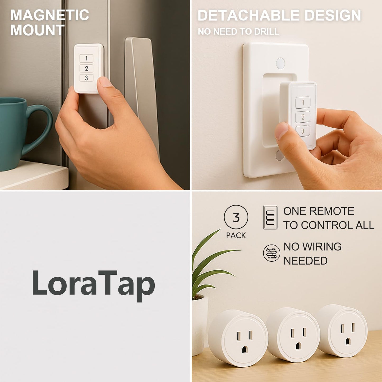 LoraTap 656ft Wireless Wall-Switch: Remote Control Outlet 3 Pack — Lights & Small Appliances — No Wiring —1 Remote for 3 Plugs