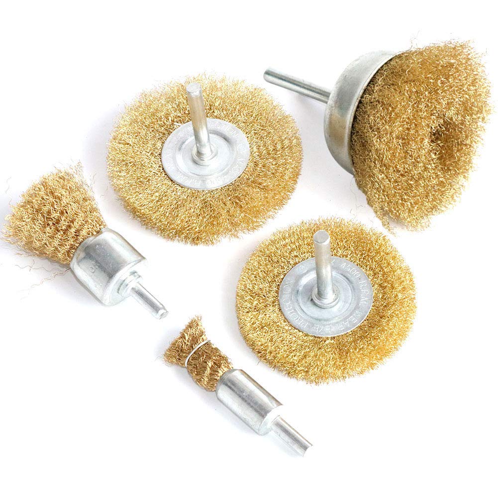 FPPO 5pcs Brass Wire Wheel Brush Kit for Drill,Crimped Cup Brush with 1/4-Inch Shank ,0.13mm True Brass Wire,Soft Enough to Cleaning or Deburring with Less Scrach