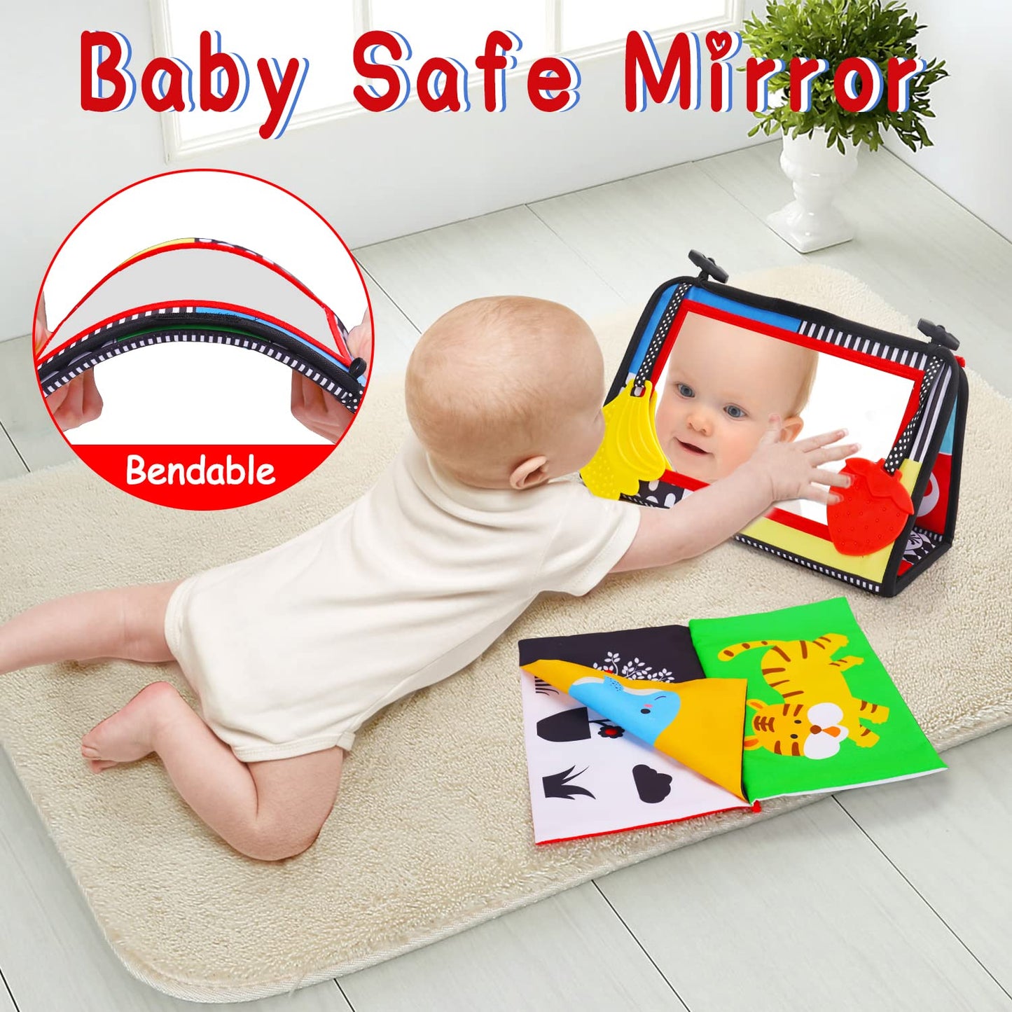 Tummy Time Baby Mirror Infant Toys Newborn 0 3 Months Brain Development with Crinkle Cloth Book Teether Black and White High Contrast Baby Toys 2 4 5 0-6 Month Boys Girls Sensory Activity Shower Gifts