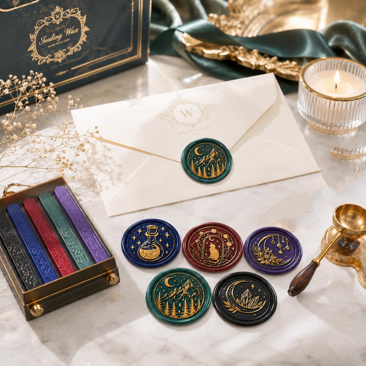 SWANGSA Wax Seal Stamp Set, Vintage 6 Pieces Moon Series Sealing Stamp Heads and 1 Wooden Handle Wax Seal Kit
