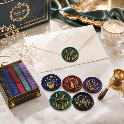 SWANGSA Wax Seal Stamp Set, Vintage 6 Pieces Moon Series Sealing Stamp Heads and 1 Wooden Handle Wax Seal Kit