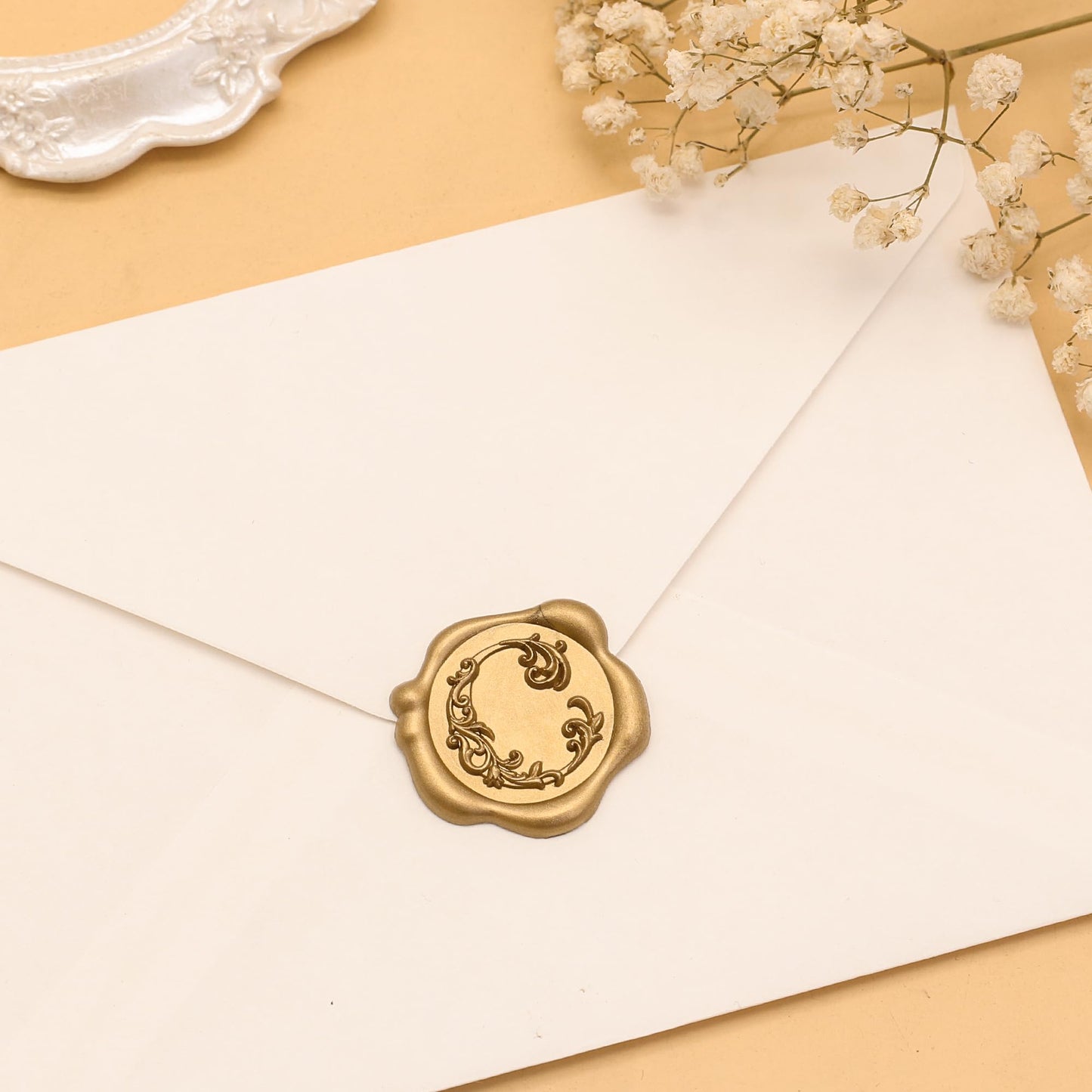 SWANGSA Initial Alphabet Wax Seal Stickers, 50 Pcs Antique Gold 3D Floral Letter C Envelope Seal Stickers Self- Adhesive, Perfect for Wedding Invitation, Christmas, Gift Wrapping