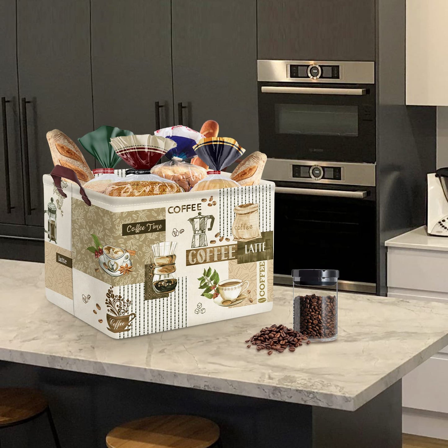 Clastyle Large Breaktime Coffee Theme Storage Basket Coffee Bean Cup Snack Kitchen Storage Bin Rectangle Brown Basket for Clothes Toy Book