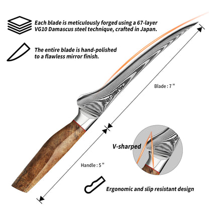 Musifan Fillet Knife 7 Inch, Precision Boning Knife for Efficient Meat Cutting and Boning， Boning Knife in high Carbon Steel