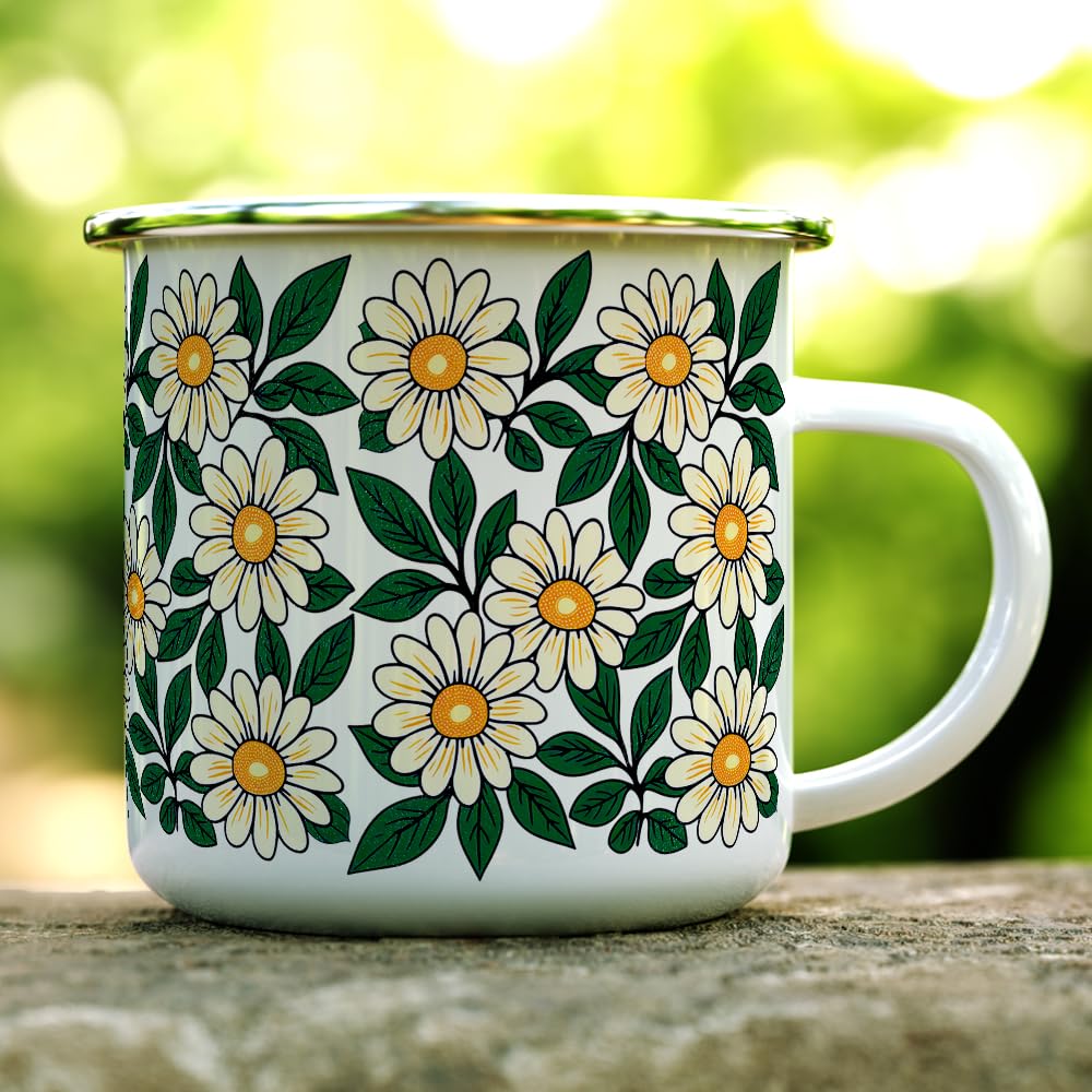 Floral Daisy Enamel Camping Coffee Mug, Nature Botanical Gift Cup for Women, Mom, Daughter (12oz)