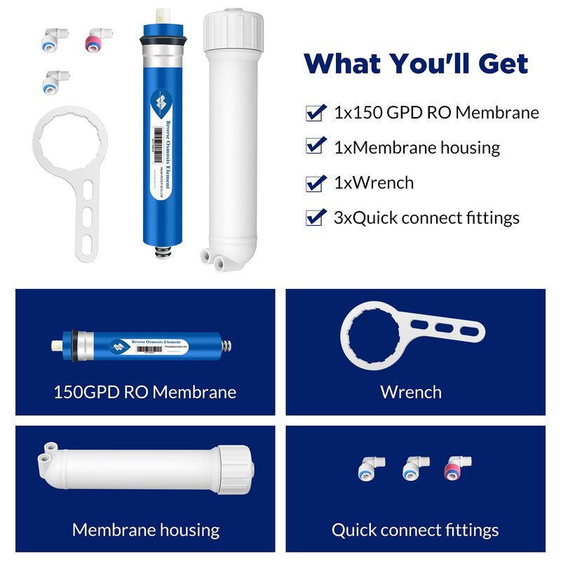 Membrane Solutions 150 GPD RO Membrane, Reverse Osmosis Membrane with Membrane Housing, Replacement for Under Sink Home Drinking RO Water Filter System, Wrench, 1/4" Quick-Connect Fittings,Check Valve