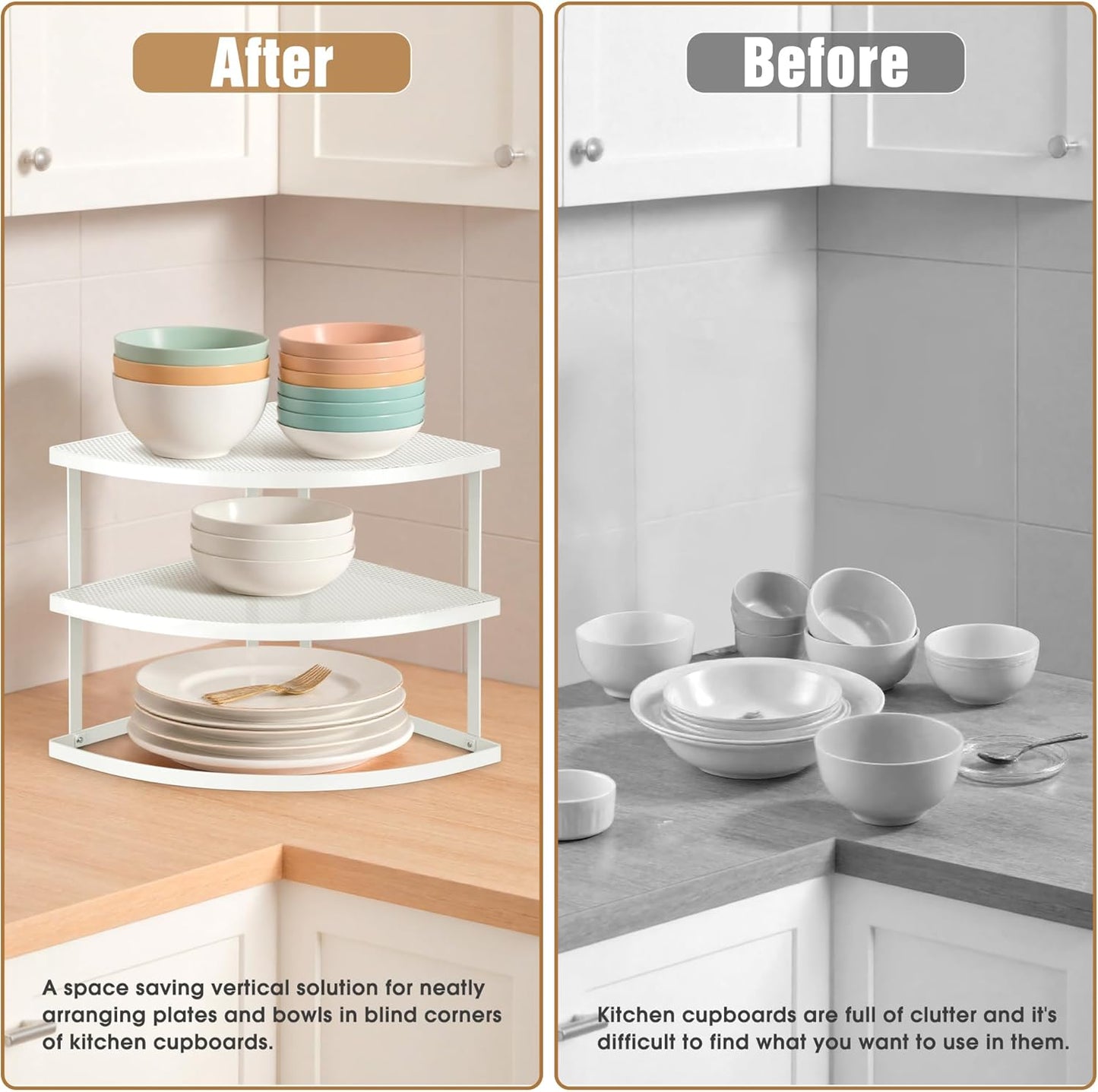ROFAY 3-Tier Counter Metal Corner Shelf Plate Organizer for Kitchen & Cabinet, Corner Rack for Plates, Dishes, Pantry
