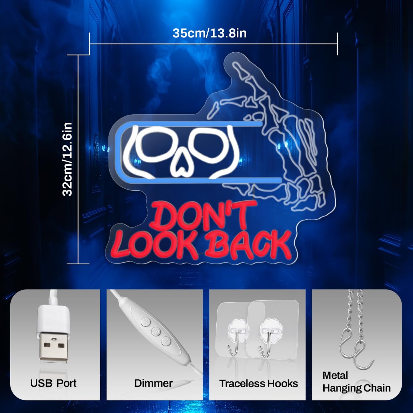 Astuddy Halloween Skull Neon Sign – “Don’t Look Back” LED Neon Wall Light with Skull and Bone Hand Design,USB Powered Spooky Neon Decor for Haunted House,Bar,Bedroom,Man Cave,Halloween Party