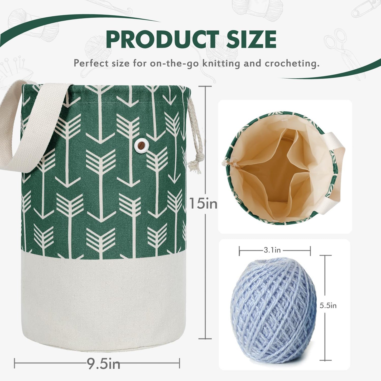 TOGETRUE Yarn Bag, Knitting Crochet Bag, Portable Yarn Storage Bags Organizer for Crocheting Project,Store Skein Ball, Short Knitting Needle (Large, Green)