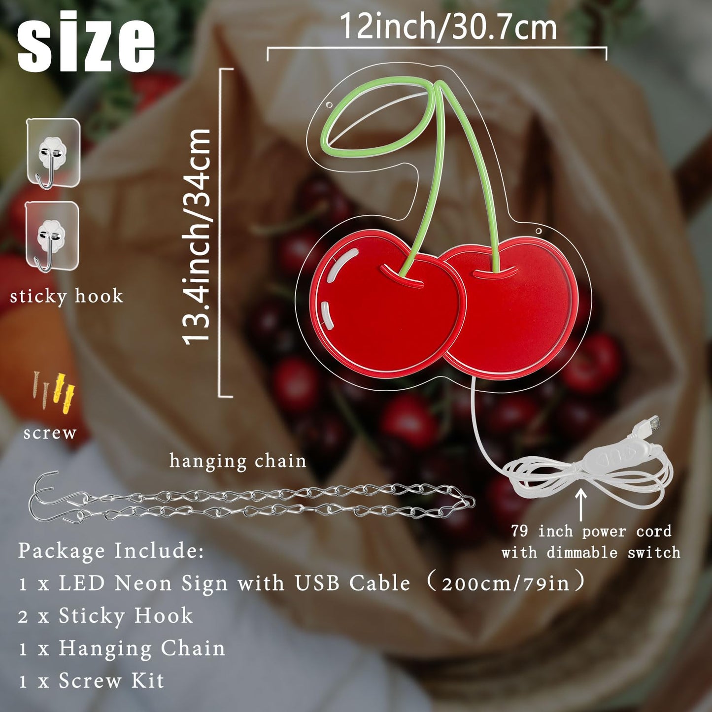 Cherry Neon Sign for Wall Decor, Dimmable Red Printed Cherries Neon Lights, Vibrant Fruit Themed Neons LED Signs for Kids Room, Bedroom, Restaurant, Bar, Club, Fruit Shop, Birthday Party (Cherry)