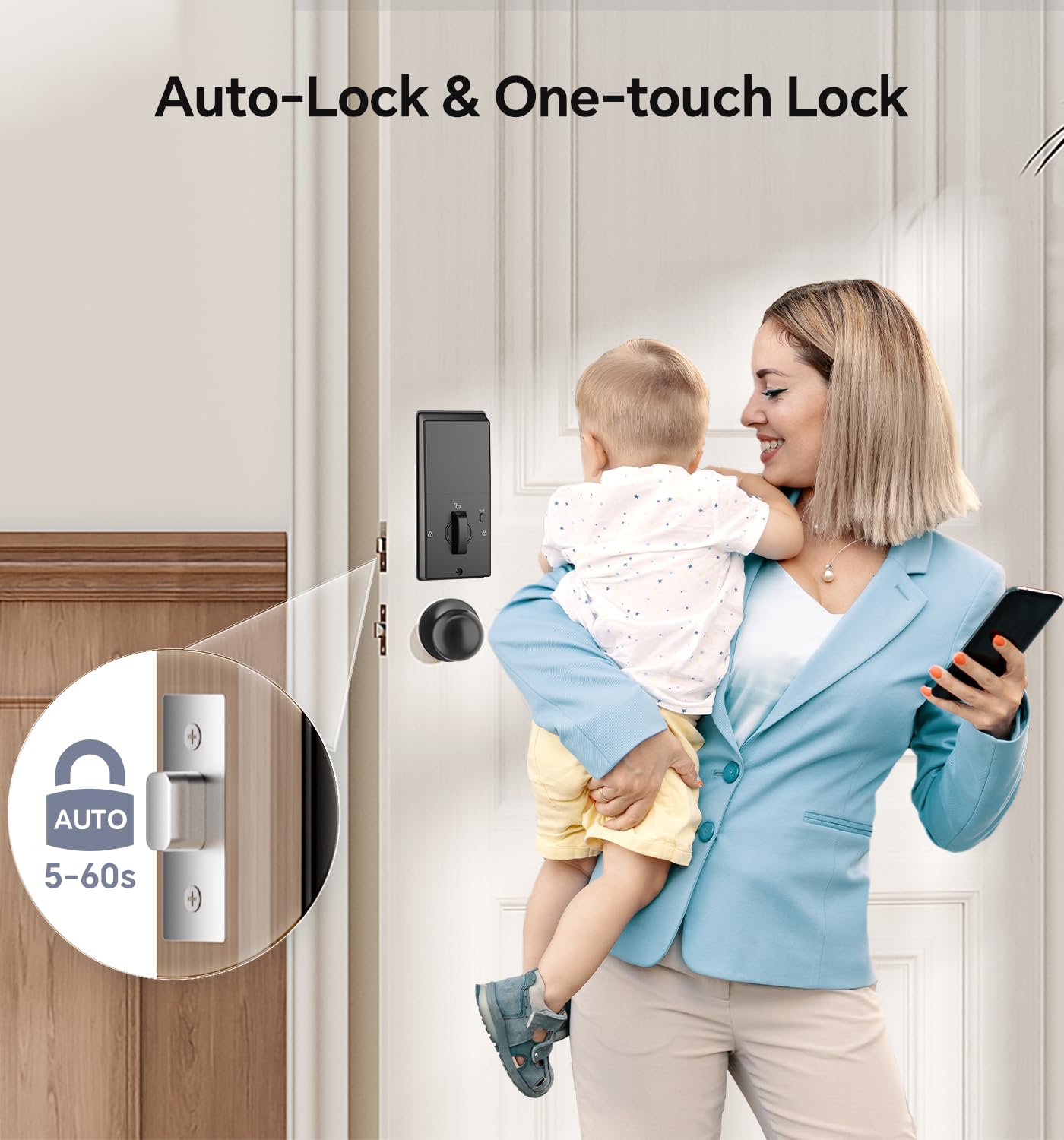 Keyless Entry Keypad Deadbolt with Handle Set, Smart Lock, Auto-Lock + One-Touch Lock, 100 Codes + 15-Min Easy Install, Ideal for Airbnb/Homes/Offices, Fits U.S. Standard Front Doors, Black