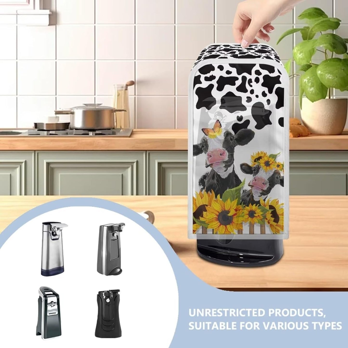 Cow Sunflower Print Can Opener Cover - Washable Electric Dust Cover for Kitchen Home Decor Accessories