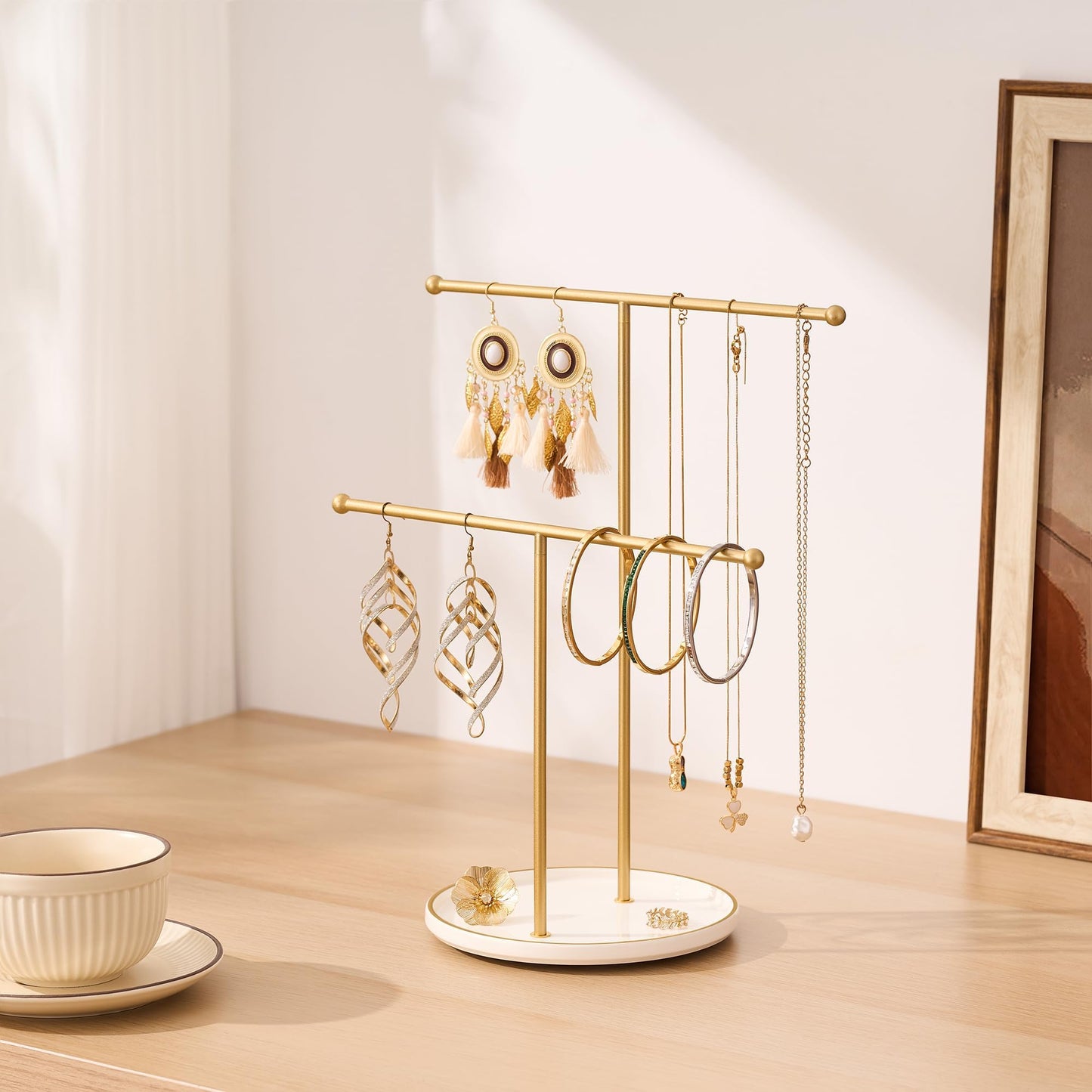 Josmimic Gold Jewelry Holder Stand with Ceramic Tray: Small Hanging Necklace Organizer Tree for Earrings, Bracelets, Rings – Jewelry Display Hanger for Women & Girls, White
