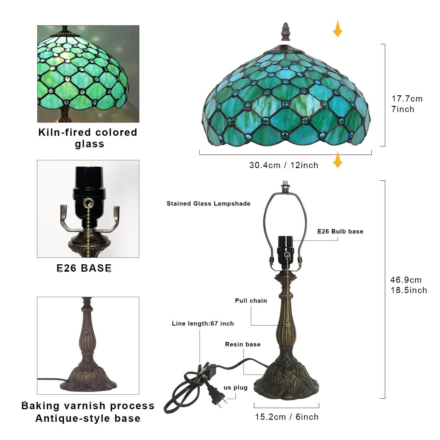 TFNALNB Tiffany Lamp, W12H19 Inch Sea Blue Pearl Style Stained Glass Table Lamp, Antique Desk Light with Resin Base, Art Decor Table Lamp
