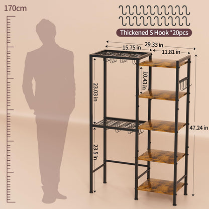 OMISRUIS 5-Tier Pot and Pan Organizer Rack with Hooks, Heavy-Duty Kitchen Storage Shelf for Cookware, Dishes, and Utensils, Freestanding Metal Pot Rack Organizer for Kitchen, Pantry, or Dining Room