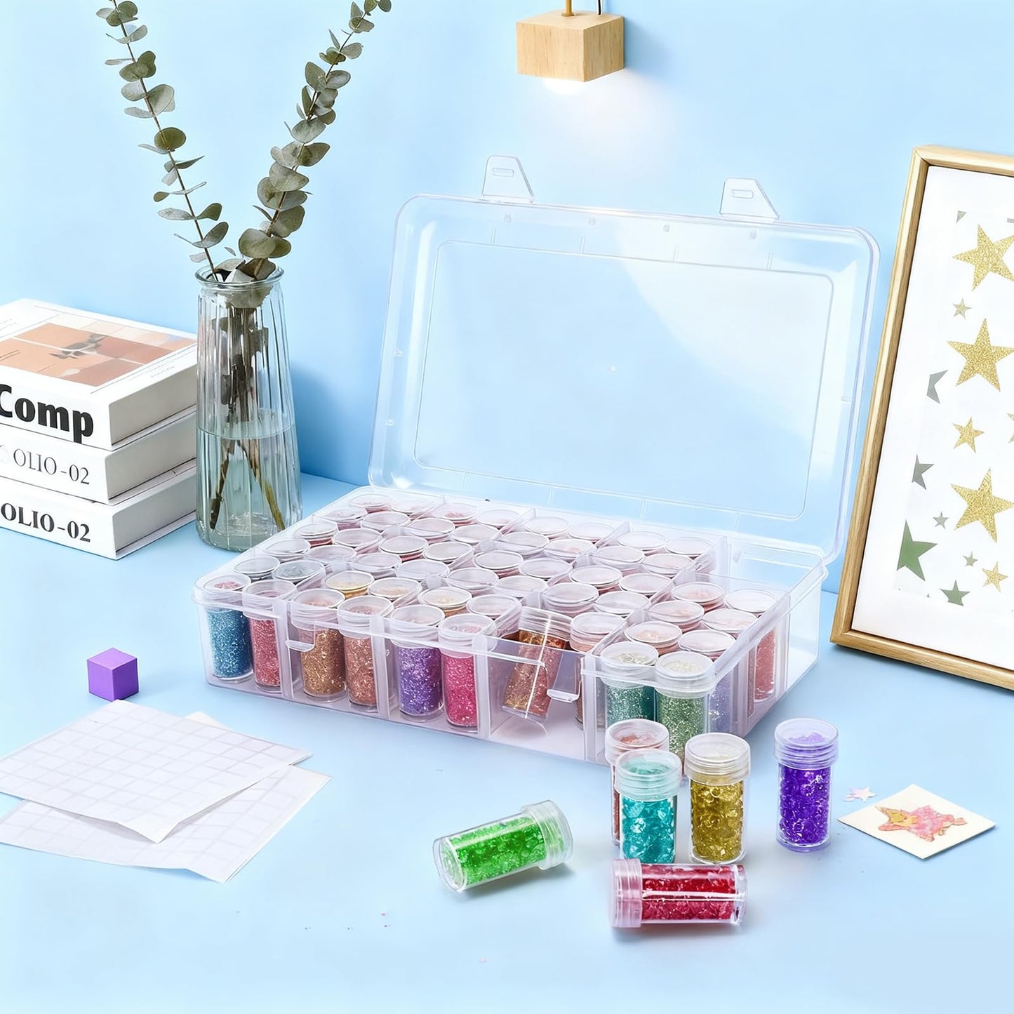Pumtus 2 Pack Diamond Art Storage Containers, 120 Grids Beads Organizer Box with Label Stickers, Plastic 5D Embroidery Accessories Storage Case Jars for DIY, Art, Craft, Rhinestone, Seed
