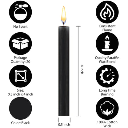 Dinil – Set of 20 Black Spell & Chime Candles – Premium Mini Taper Candles for Rituals, Prayer, Birthdays, Meditation, Altar, Spells, Chime Candles - 4 Inch Tall, Unscented (Black)