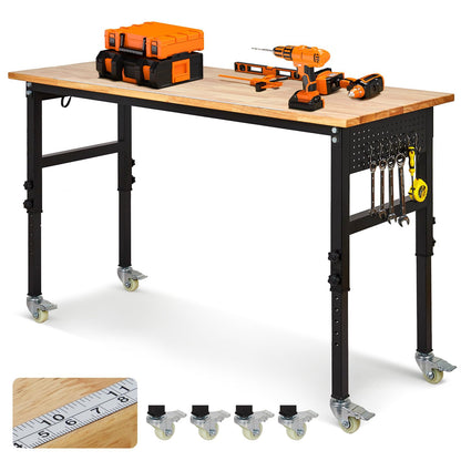70" Adjustable Workbench with Power Outlet, 2000LBS Capacity Solid Rubber Wood Top & Thickened Steel Legs, 8-Levels Adjustable Heigh Work Table, Easy Assembly for Garage, Workshop, Home