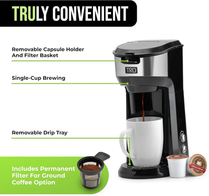 Tru Single Serve Dual Brew Coffee Maker - Premium Brewer for Coffee Capsules or Grounds - Features Self-Cleaning