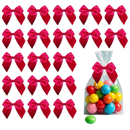 ULIFEBETTER 50PCS Hot Pink Satin Bows, Hot Pink Bows for Crafts Twist Tie Bows for Gift Wrapping Double-Sided Tape Bows for Treats Bags Wrapping Baby Shower Wedding Decorations(2.7x2.5 Inch)