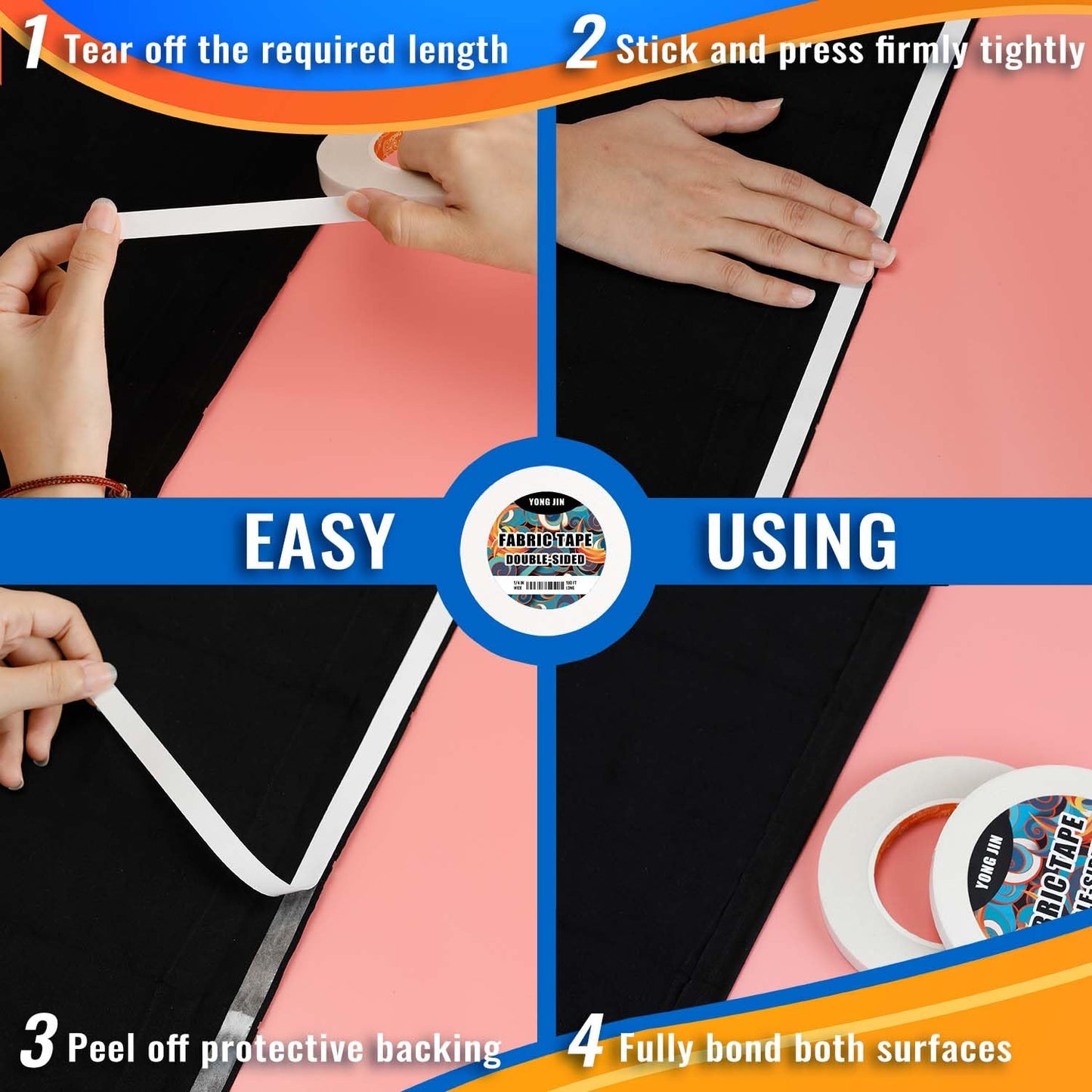 YONGJIN Double-Sided Fabric Tape (2 Rolls) - No Sewing or Ironing Required, Perfect for Quick Clothing Repairs, Fabric Bonding, Adhesive Cloth Tape for Hemming and DIY Crafts (3/5inch+1inch)