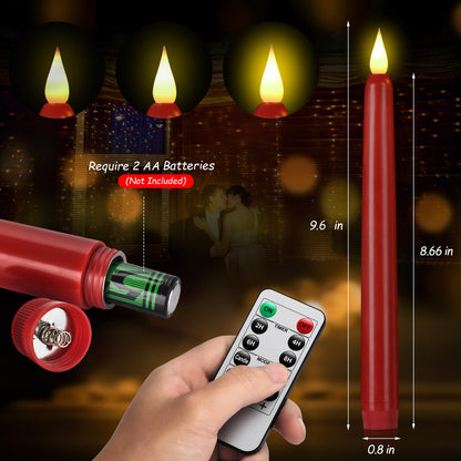 Flameless Taper Candles with Remote Control and Timer, Battery Operated LED Candlesticks with Flickering 3D Flame, 9.6×0.8 Inches Plastic Tall Candles for Christmas, Wedding and Home Decor (Red, 15)