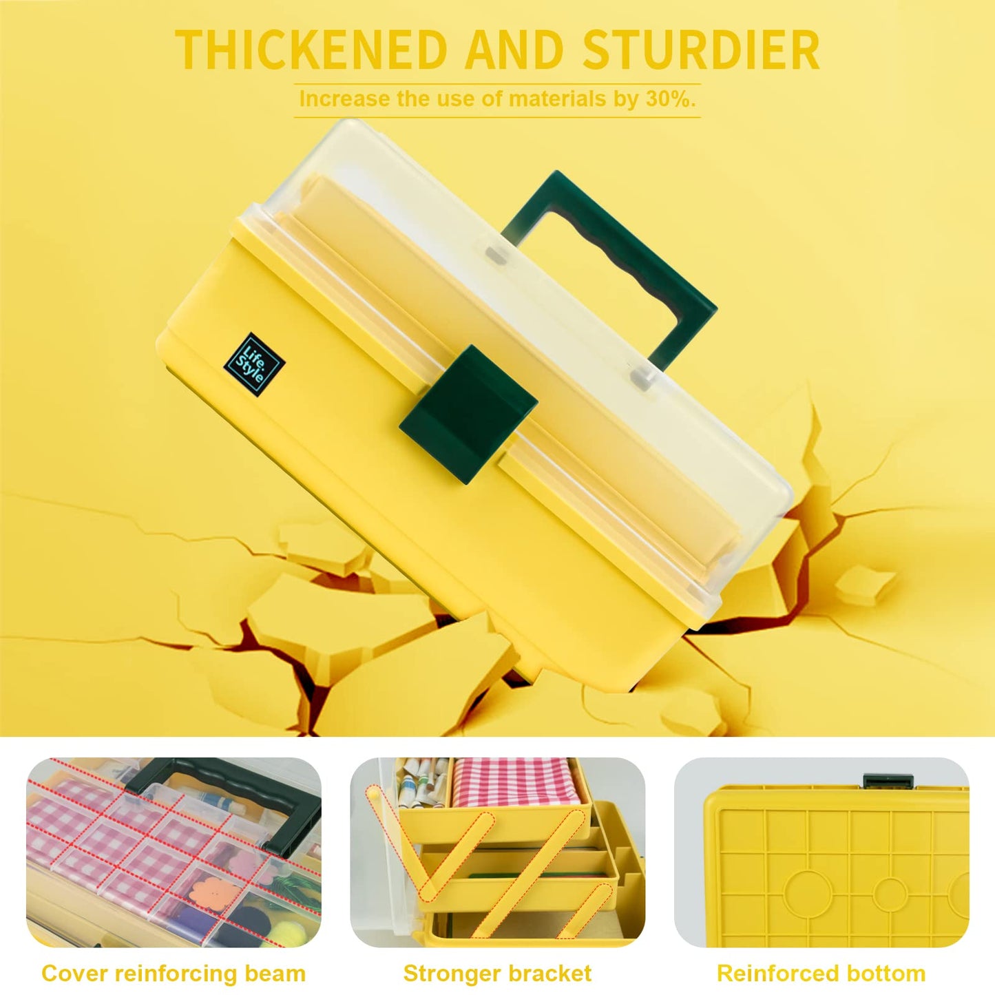 Creahaus 13 inch Art Craft Organizer Storage Box with 3 Layer, Multipurpose Plastic Tool Box with Handle for Sewing, Art Supply, Medicine, Nail, Hair Accessories (Yellow)