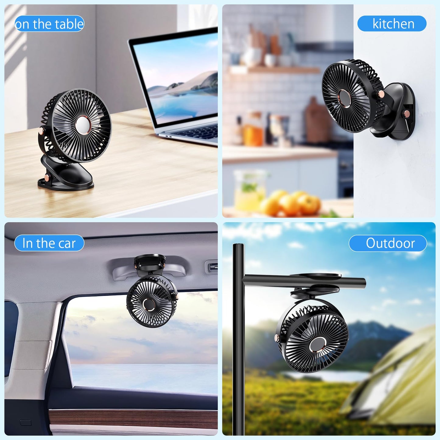 iNeibo 4000mAh Portable Clip on Fan with LED Lights, Battery Operated USB Desk Fan,4 Speed Quiet Rechargeable Mini Table Fan, 360° Rotate Personal Cooling Fan for Home Office Stroller Camping (Black)