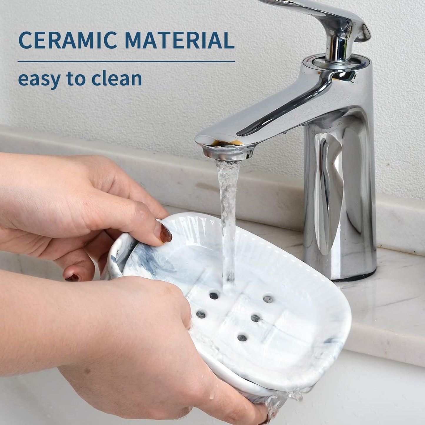 Ceramic Soap Dish, Self-Draining Soap Holder, Double Layer Marble Blue, Easy to Clean